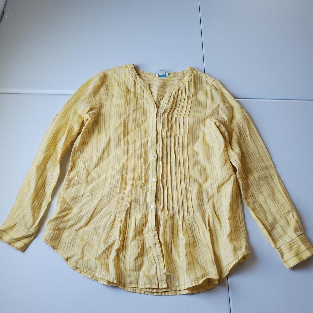 Sundance Tunic Shirt Womens Small Yellow Stripe 100% Linen Button Front Pleated